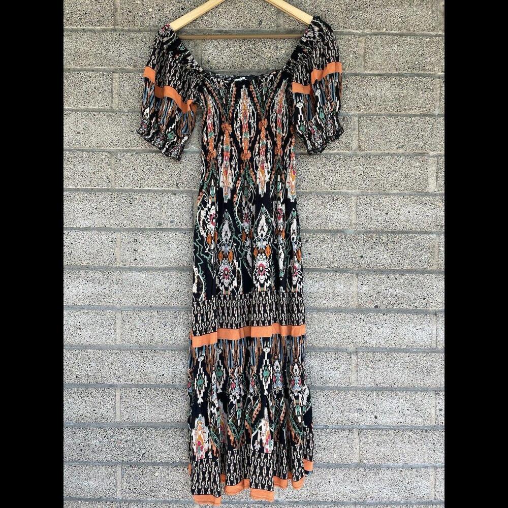Kindred Anthropologie Peasant Boho Woven Midi Dress Floral Rushed Smocked Medium